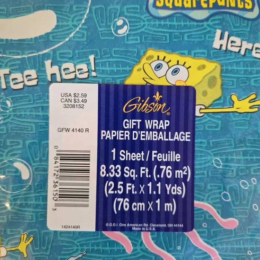 Vintage 2000's SpongeBob Nickelodeon lot of 3 Gibson Gift Wrap Sheets